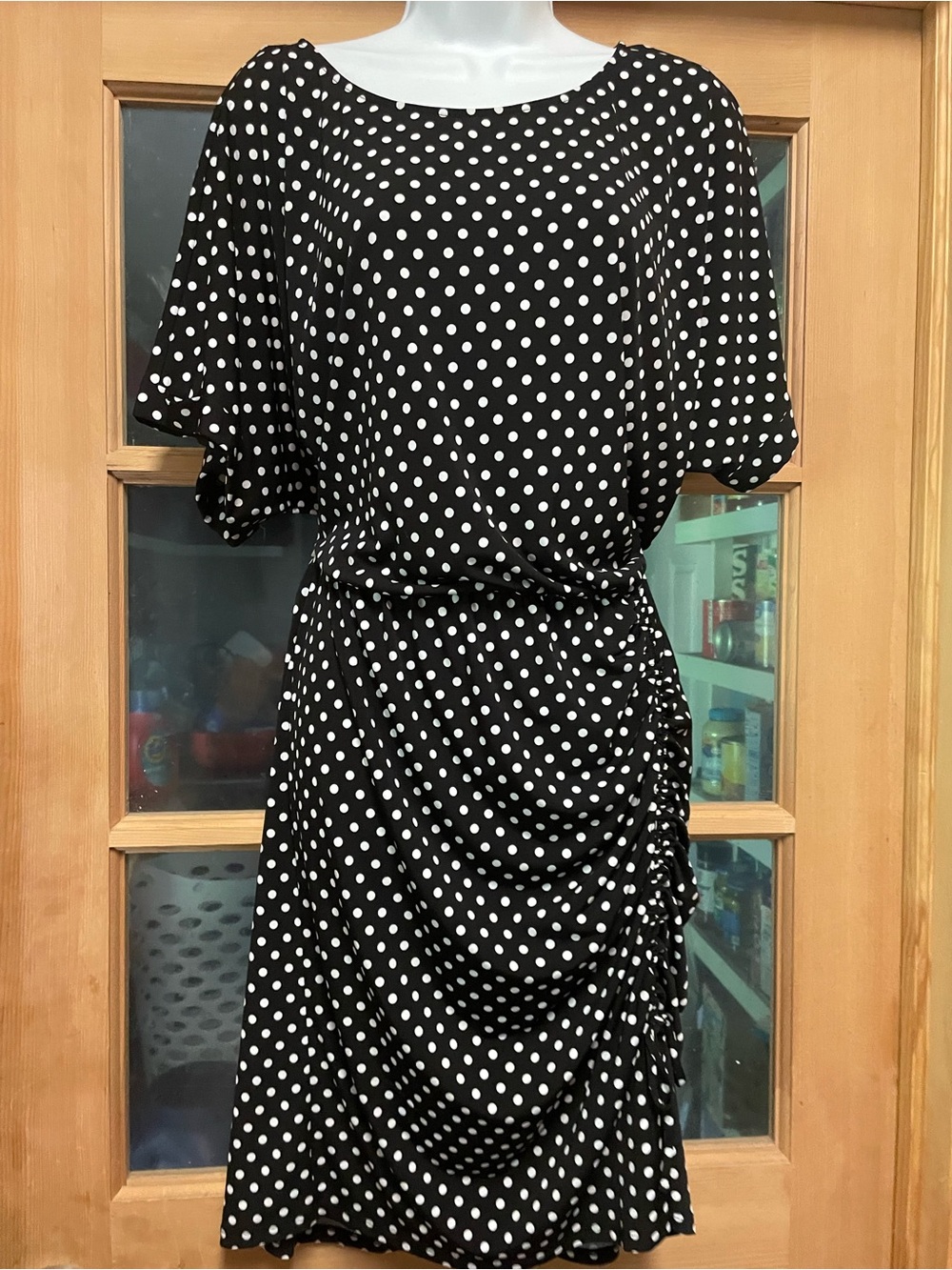 Women's Black and White Polka Dot Midi Dress - Gathered Side Detail